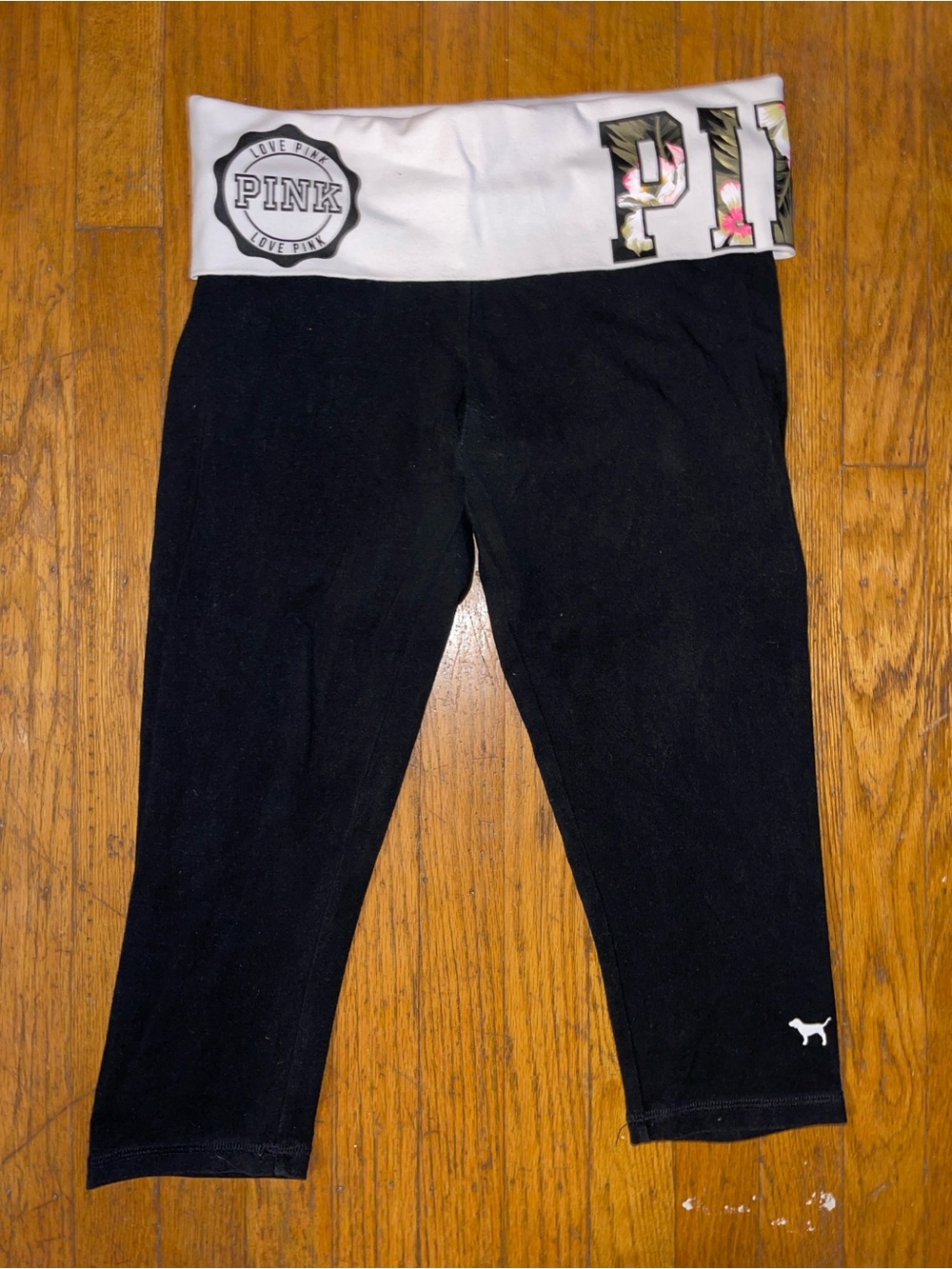 PINK Victoria's Secret Black Capri Leggings with White Floral Waistband